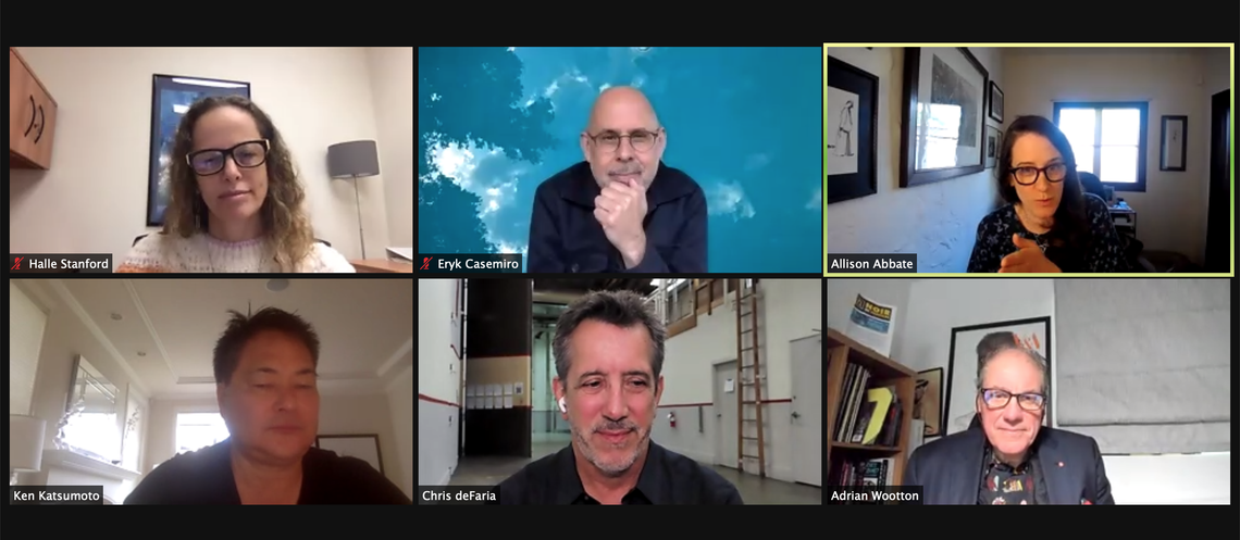 Screen shot of animation webinar with Adrian Wootton and 5 panelists