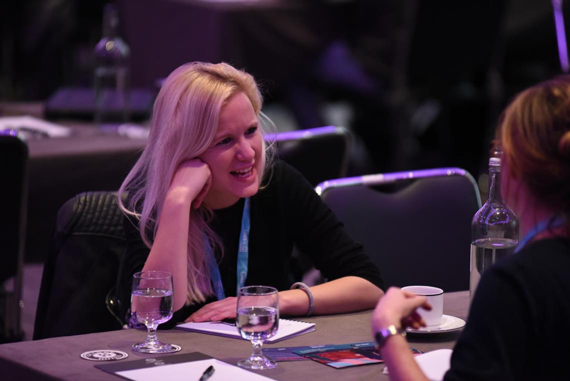 Close up of attendee at Production Finance Market