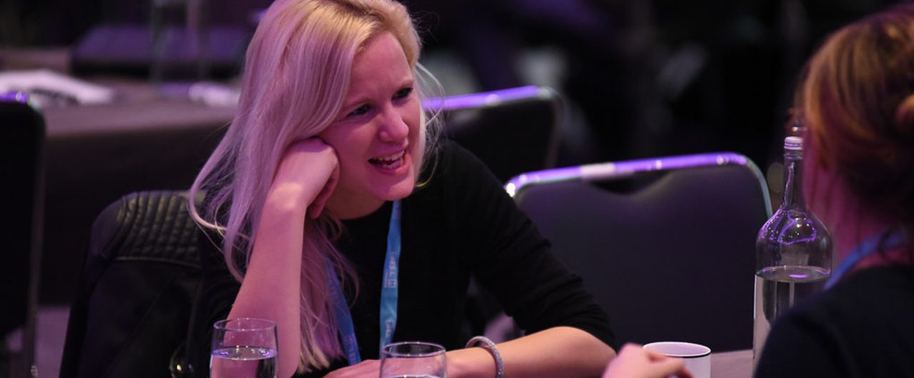 Close up of attendee at Production Finance Market