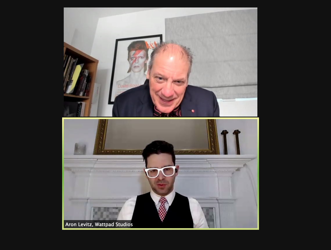 Screenshot of Film London CEO Adrian Wootton in conversation with Head of Wattpad Studios Aron Levitz