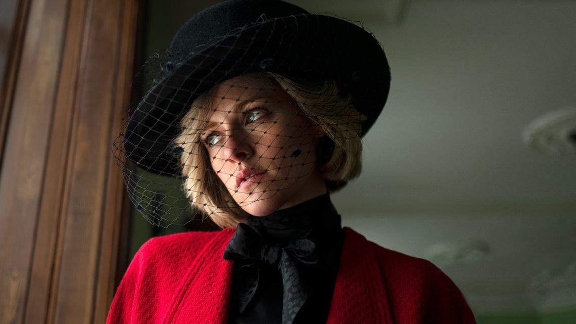 Still from Spencer. Woman look off into the distance