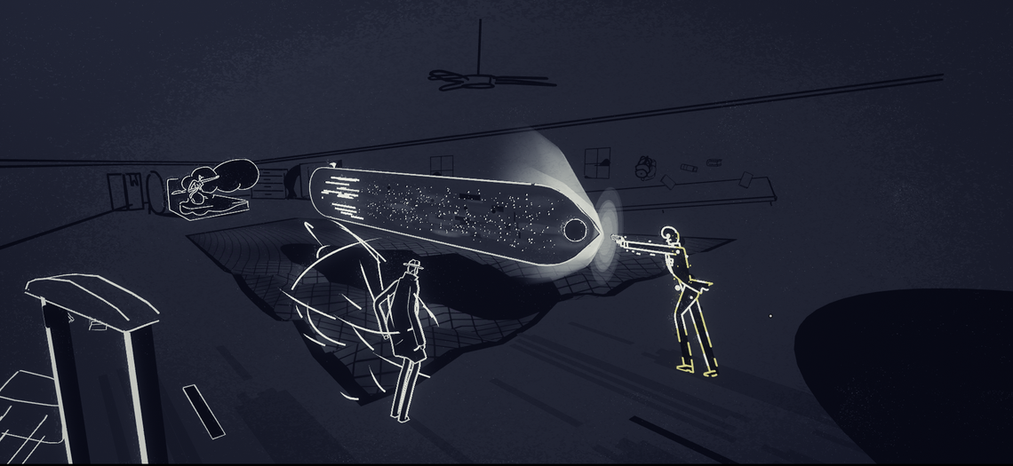 Still from Genesis Noir. figure standing, stopping a bullet