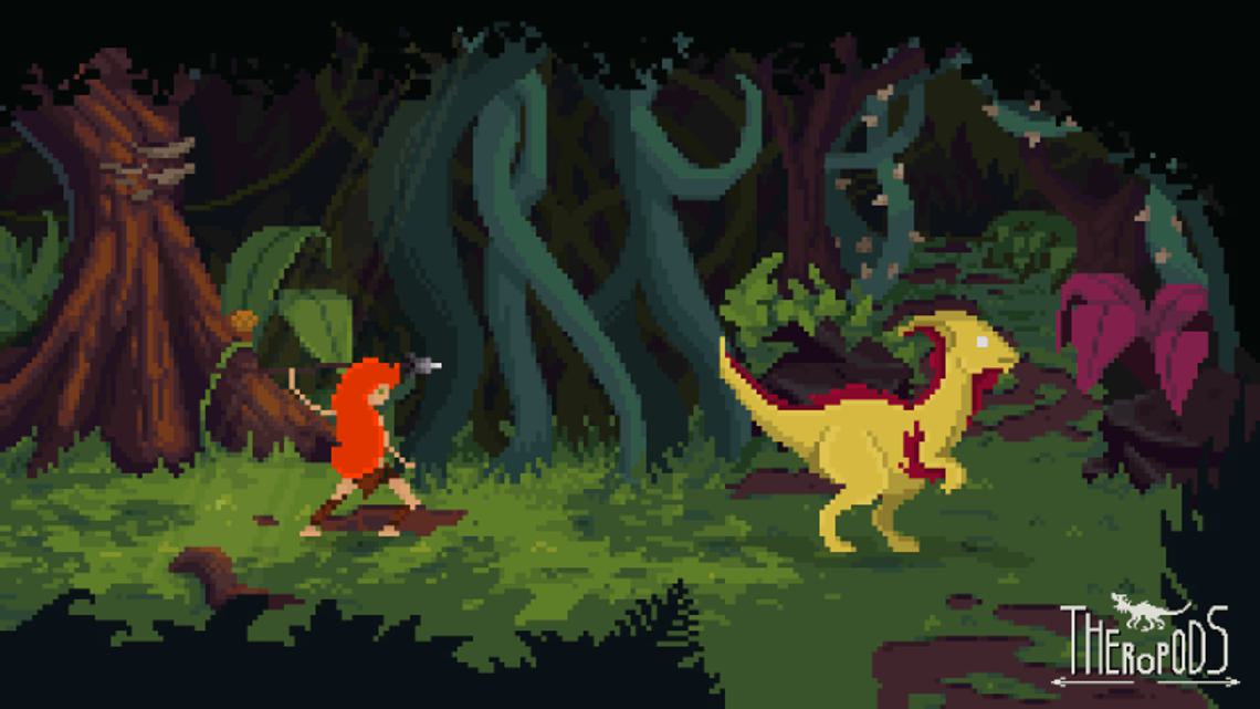 Still of Theropods, pixel generated cavewoman and dinosaur