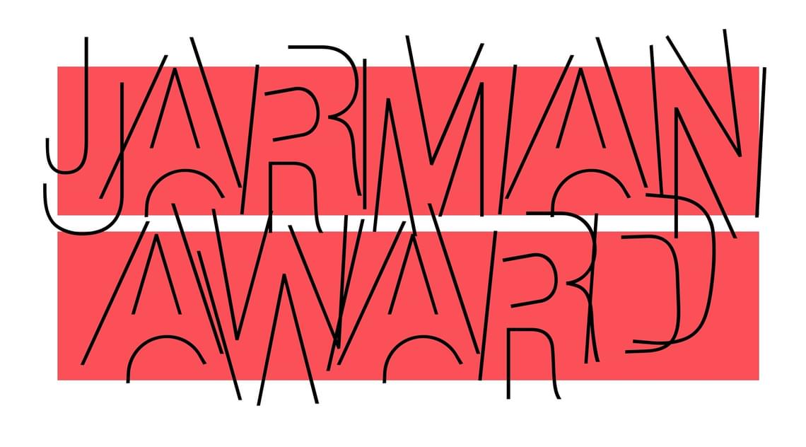 Jarman Award 2020 identity. Black line writing against a red and white backdrop