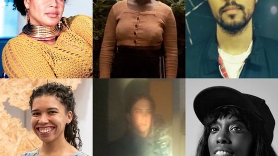 Composite of portraits of Jarman Award 2022 shortlisted artists. (Top left to bottom right) Alberta Whittle, Onyeka Igwe, Morgan Quaintance, Rosa-Johan Uddoh, Jamie Crewe, Grace Ndiritu