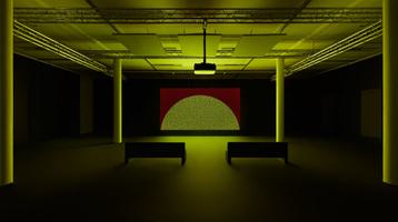 Two benches facing an image of a yellow semi-circle on a red background.