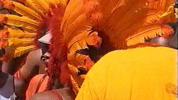 A tightly framed image captures performers wearing elaborate orange and yellow feathered carnival costumes. Layers of feathers fill the composition, creating a dense field of vibrant colour and texture. Faces partially emerge from between the costumes, conveying the energy and spectacle of a carnival procession.