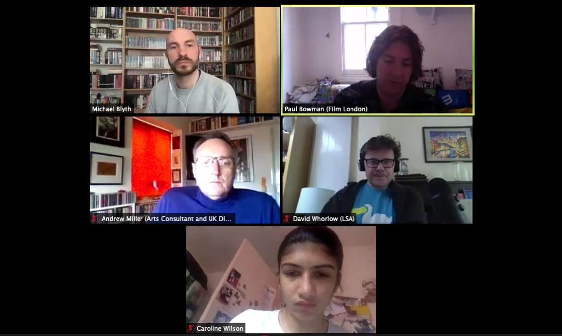 5 people on a zoom call, for the Film Hub London Exhibitors' Breakfast