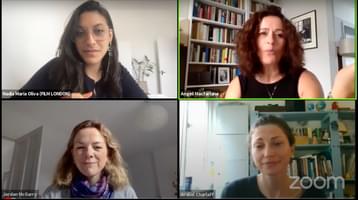 Film London's Jordan McGarry and Nadia Oliva with Angeli Macfarlane and Arabel Charlaff on Zoom call as part of Film London Labs: The Writers Sessions
