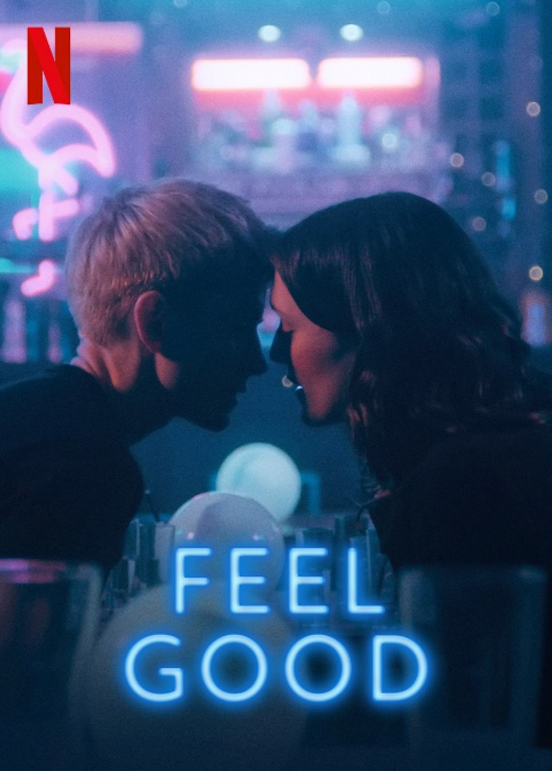 Netflix title card for Feel Good featuring two women leaning in to kiss one another.