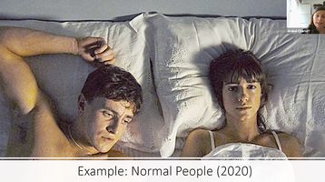 Still from Normal People in which two people lie next to one another in bed looking despondent.